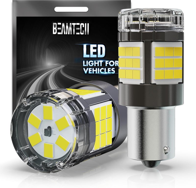 BEAMTECH Upgraded 1156 LED Bulbs for Turn Signal Lights, Build-in CANBUS, 6500K White Super Brighte, 1141 1003 7506 BA15S Reverse Back Up Lights, Tail Brake Parking Lights, Pack of 2 - Image 1